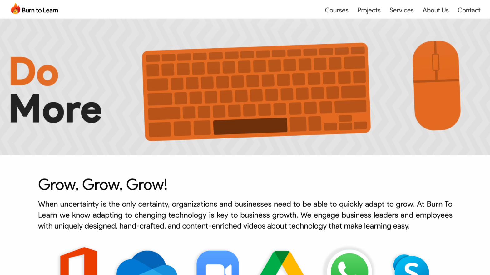 Burn to Learn project website with a Do More headline and technology learning content