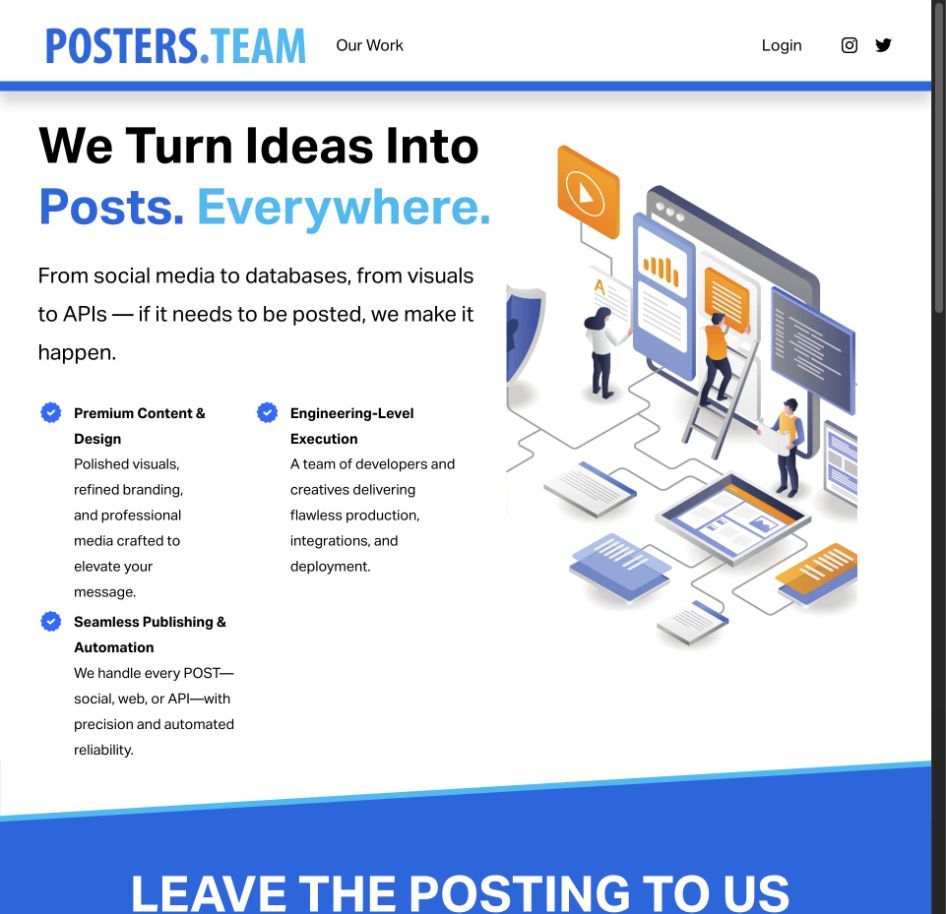 Posters.team website showing its content, publishing, and technical services